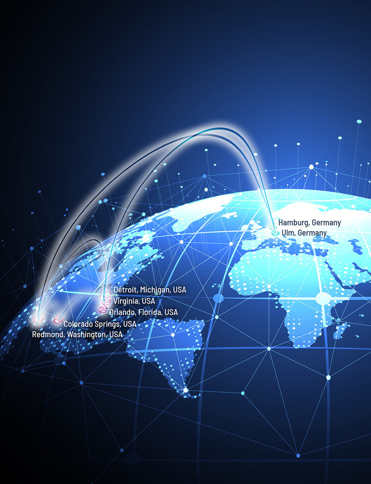 Darstellung der MicroVision Niederlassungen in Deutschland und den USA anhand einer abstrakten Weltkugel.
