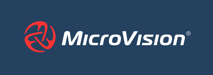 Rot-weißes MicroVision Logo auf einem dunkelblauen Hintergrund.