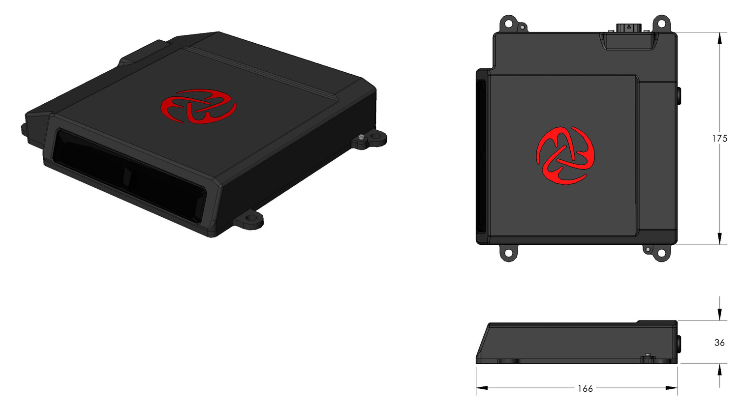 Rendering of the product with depiction of its bounding box sizes.