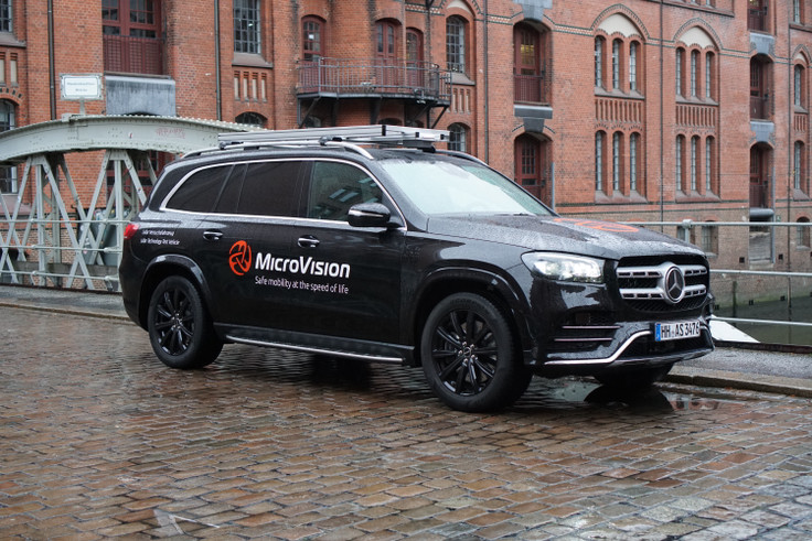 MicroVision test vehicle parking on a bridge.